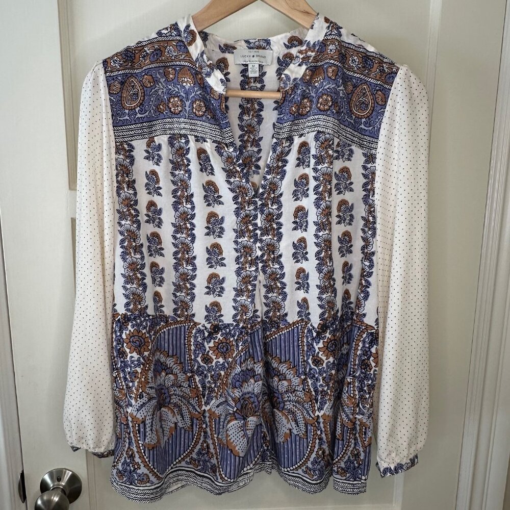 SALE 2/25 Lucky Brand Floral and Polka Dot Bohemian Style Blouse Size Medium